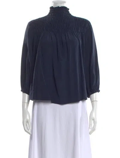 Pre-owned Frame Silk Mock Neck Blouse In Blue
