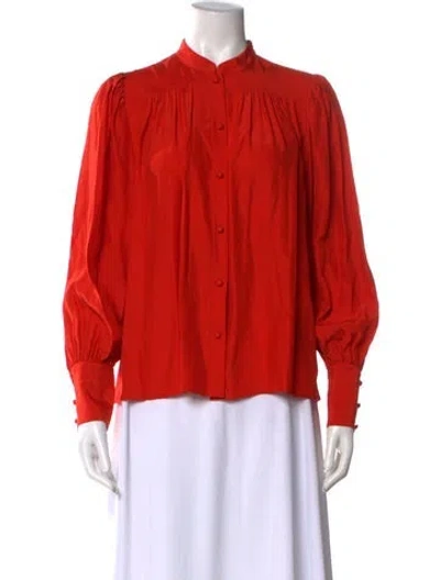 Pre-owned Frame Silk Mock Neck Button-up Top In Red