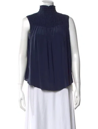 Pre-owned Frame Silk Mock Neck Top In Blue