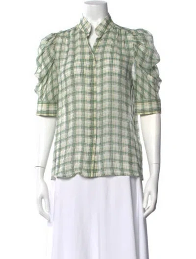 Pre-owned Frame Silk Plaid Print Blouse In Green