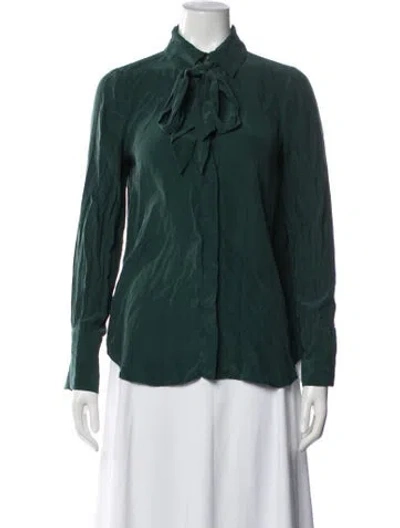 Pre-owned Frame Silk Tie Neck Blouse In Green