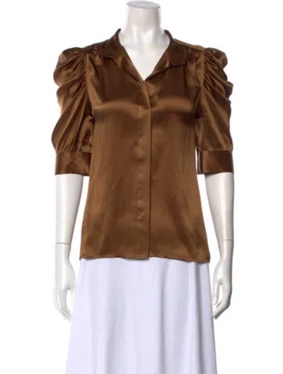 Pre-owned Frame Silk V-neck Button-up Top In Brown