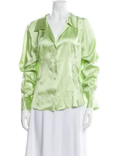 Pre-owned Frame Silk V-neck Button-up Top In Green