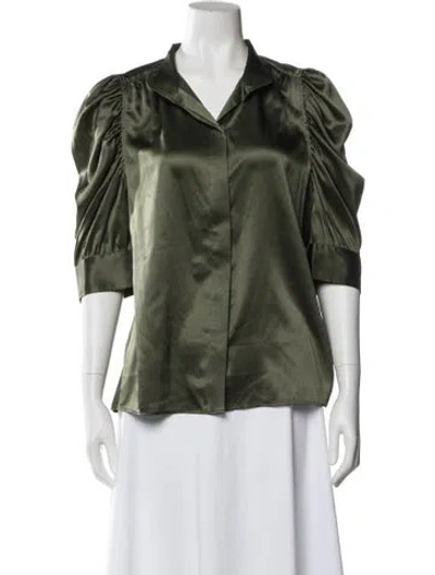 Pre-owned Frame Silk V-neck Button-up Top In Green