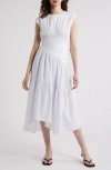Frame The Seersucker Gathered Seam Midi Dress In Light Chambray Multi