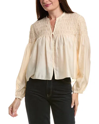Frame Smocked Collarless Silk-blend Blouse In Brown
