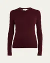 Frame Smocked Long-sleeve Crewneck Top In Wine
