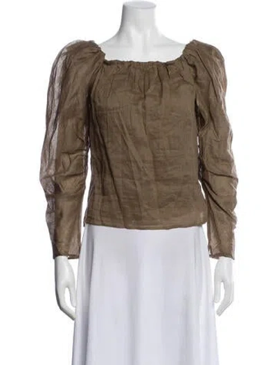 Pre-owned Frame Square Neckline Long Sleeve Top In Green