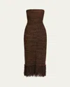 Frame Strapless Fringed Bouclé Midi Dress In Espresso Multi