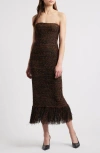 Frame Strapless Fringed Bouclé Midi Dress In Espresso Multi