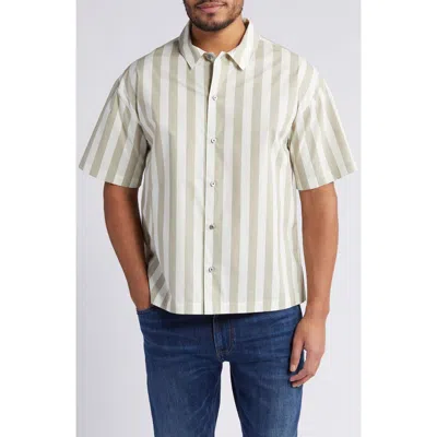 Frame Printed Button Front Short Sleeve Camp Shirt In Smoke Beige Stripe