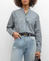 Frame Stripe Organic Cotton Band Collar Shirt In Navy Multi