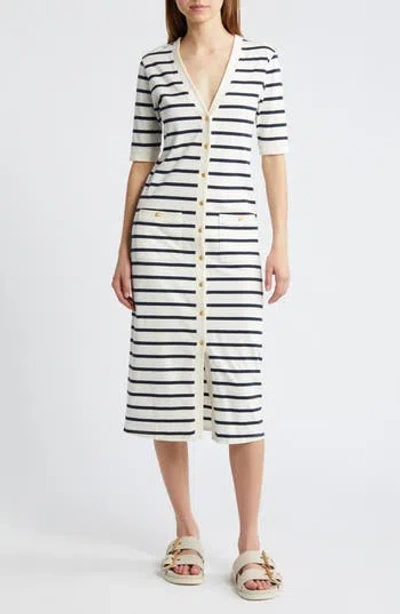Frame Stripe Henley Midi Dress In Navy Multi