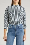 Frame Stripe Organic Cotton Band Collar Shirt In Navy Multi