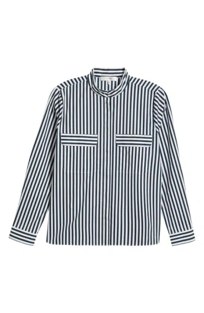 Frame Stripe Organic Cotton Band Collar Shirt In Navy Multi