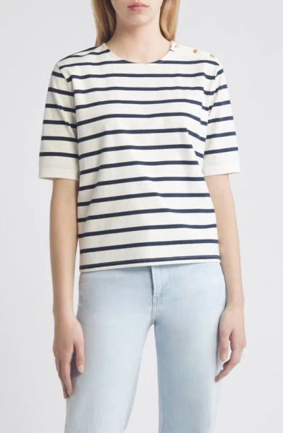 Frame Stripe Organic Cotton Button Accent T-shirt In White