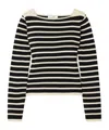 Frame Women's Boat Neck Striped Long Sleeve Sweater In Black In Black