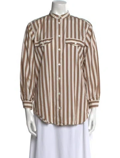 Pre-owned Frame Striped Mock Neck Button-up Top In Brown