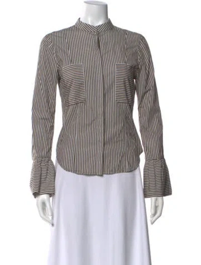 Pre-owned Frame Striped Mock Neck Button-up Top In Green