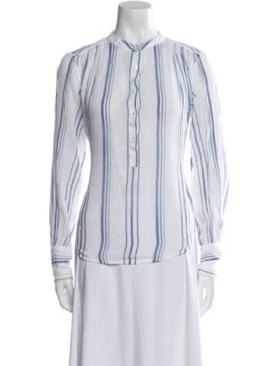 Pre-owned Frame Striped Mock Neck Button-up Top In White