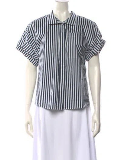 Pre-owned Frame Striped Short Sleeve Button-up Top In Green