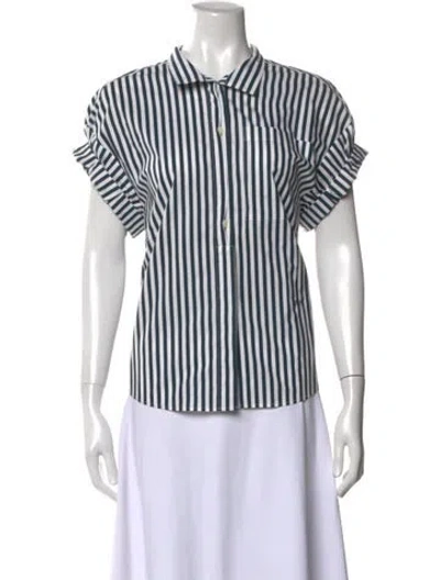 Pre-owned Frame Striped Short Sleeve Button-up Top In Green