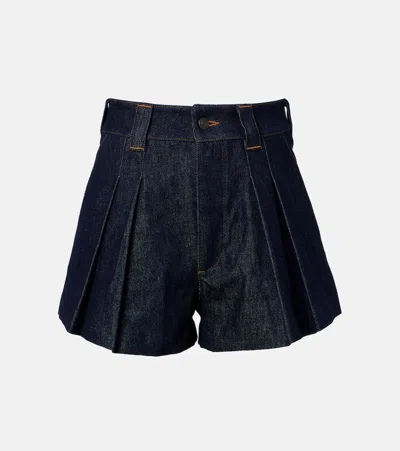 Frame Structural Pleated Denim Shorts In Blue