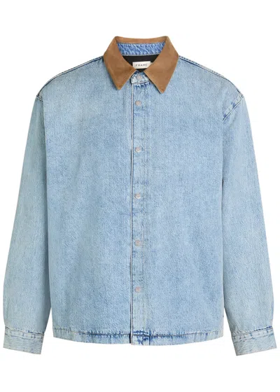Frame Suede Collar Denim Overshirt In Blue