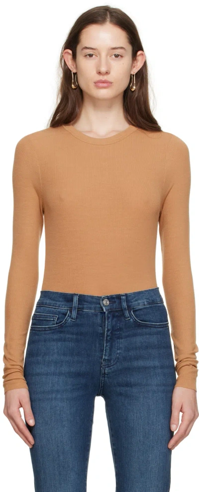 Frame Tan Embroidered Long Sleeve T-shirt In Camel