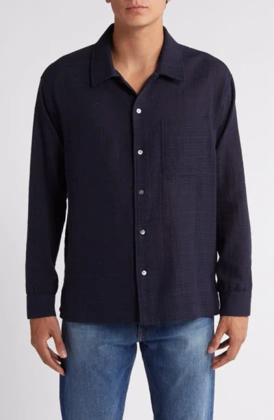 Frame Textured Stripe Cotton Button-up Shirt In Navy