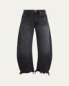 Frame The Bubble Cropped Frayed High-rise Barrel-leg Jeans In Black