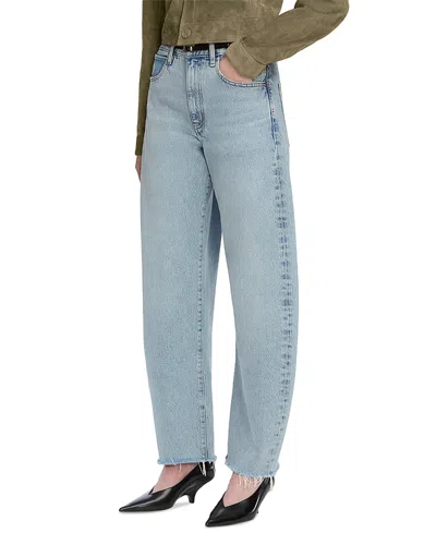 Frame The Bubble High Rise Crop Barrel Leg Jeans In Rapture Raw Fray In Blue