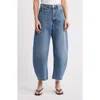Frame The Bubble High Rise Crop Barrel Leg Jeans In Knock Out In Blue