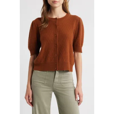 Frame The Cashmere Pointelle Puff Sleeve Cardigan In Brown
