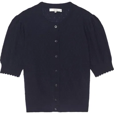 Frame The Cashmere Pointelle Puff Sleeve Cardigan In Navy
