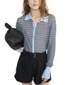 Frame The Collared Stripe Cottpn Blend Cardigan In Blue