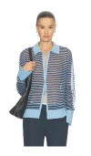 Frame The Collared Stripe Cottpn Blend Cardigan In Blue