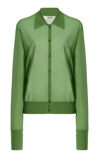 Frame The Collared Cotton-blend Cardigan In Green