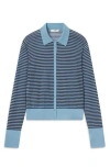 Frame The Collared Stripe Cottpn Blend Cardigan In Blue