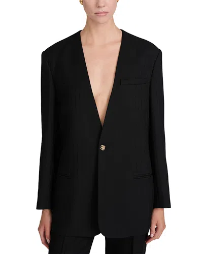 Frame The Collarless Wool Blazer In Black Shadow Stripe
