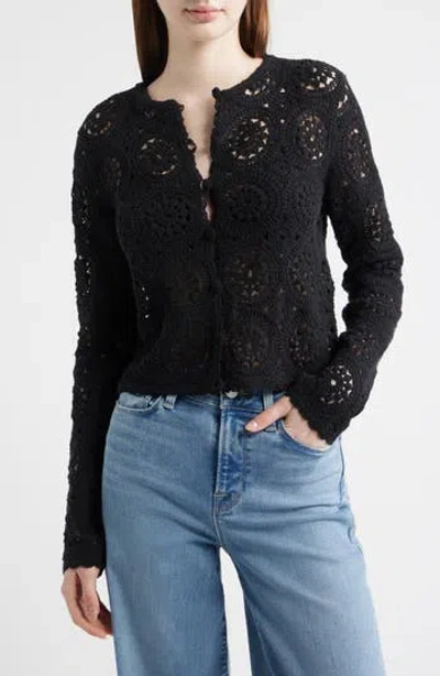 Frame The Crochet Cotton Button-up Cardigan In Black