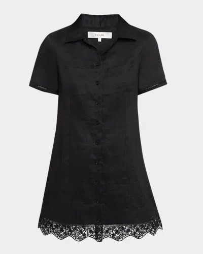 Frame The Embroidered Seaside Ramie Button-up Minidress In Black