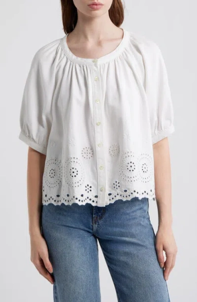 Frame The Eyelet Short Sleeve Woven Shirt In White