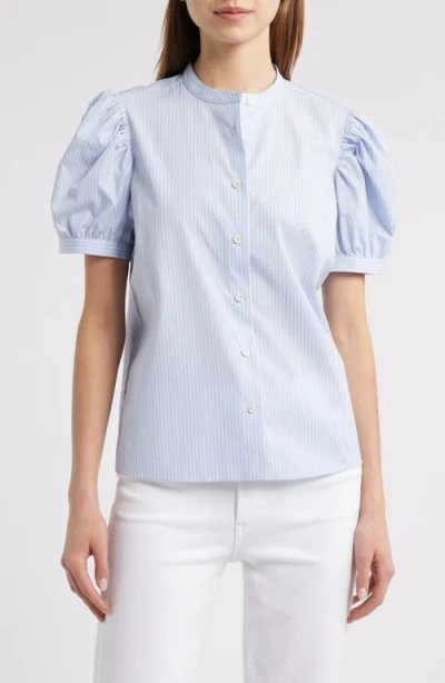 Frame The Gathered Stripe Short Sleeve Button-up Shirt In Light Chambray Multi