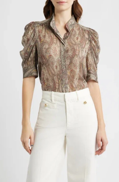 Frame The Gillian Paisley Puff Sleeve Silk Shirt In Brown