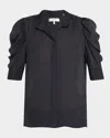 Frame The Gillian Ruched Polka-dot Silk-crepe Blouse In Blue