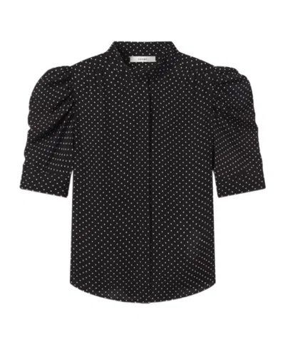 Frame The Gillian Ruched Polka-dot Silk-crepe Blouse In Blue