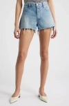 Frame The Hang Frayed Hem Denim Short In Blue