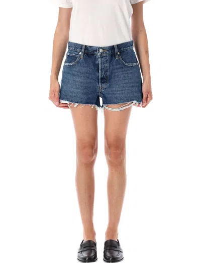 Frame Looped Five-pocket Frayed Hem Short In Blue