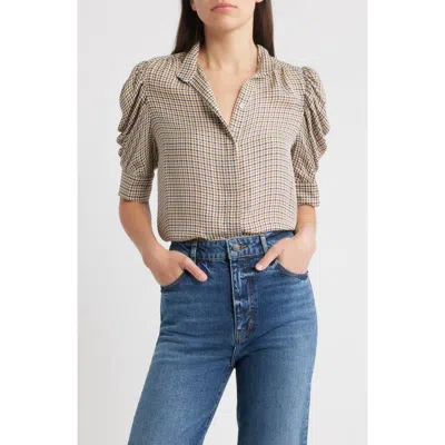 Frame The Houndstooth Gillian Puff Sleeve Silk Top In Neutral